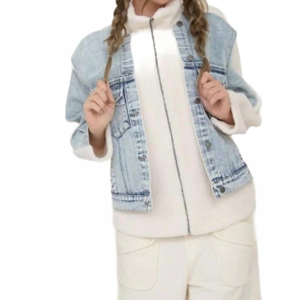 NEW JOA sherpa mixed media zip up jacket in denim